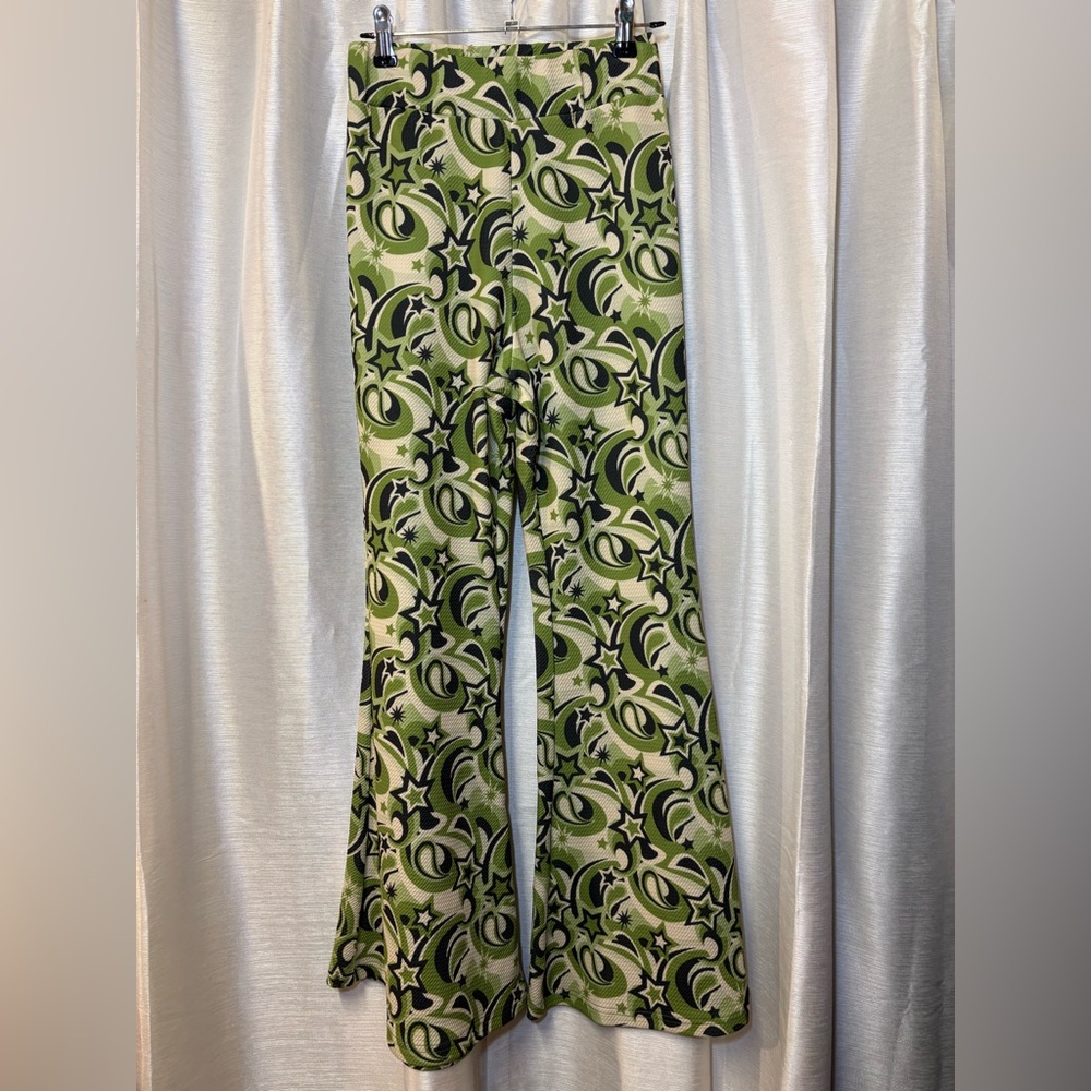 Dolls Kill BADEE Milky Way Groovy Swirl Flare Pants Cropped M Green Black Y2K - Picture 7 of 10